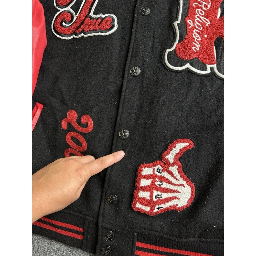 Mens True Religion World Tour Varsity Jacket Black Red Patches, Size 2XL